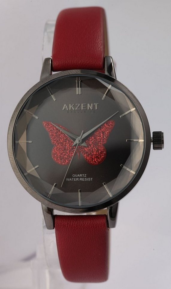 AKZENT Quarzuhr Fly Damen Armbanduhr mit Lederimitationsband Schmetterling, Damenuhr Lederimitat von AKZENT