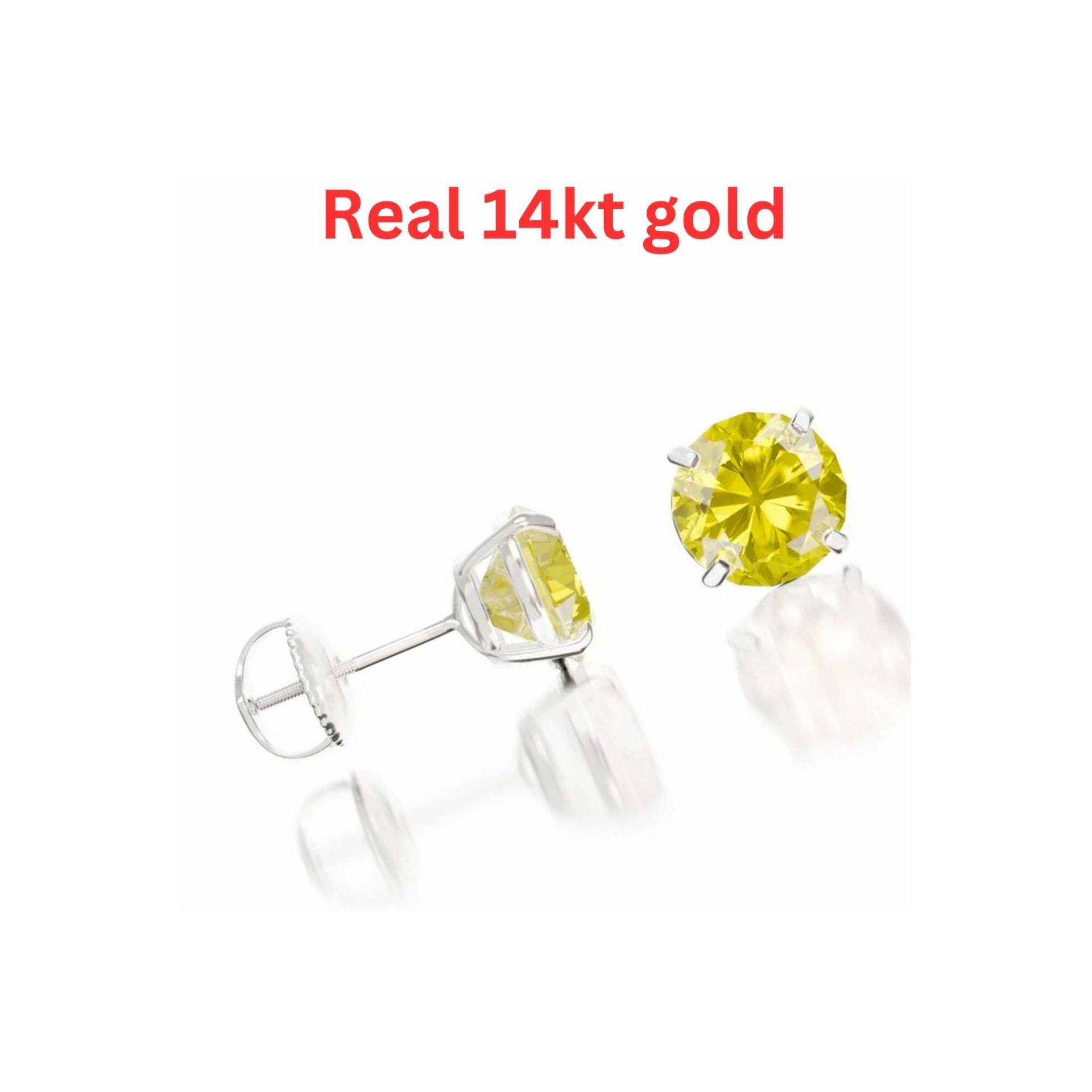 2 Ct Runde Gelbe Canary Bolzenohrringe Echtes 14Kt Massivweißgold 6mm Solitaire Phantasie Simulierte von ALADINDiamondsGold