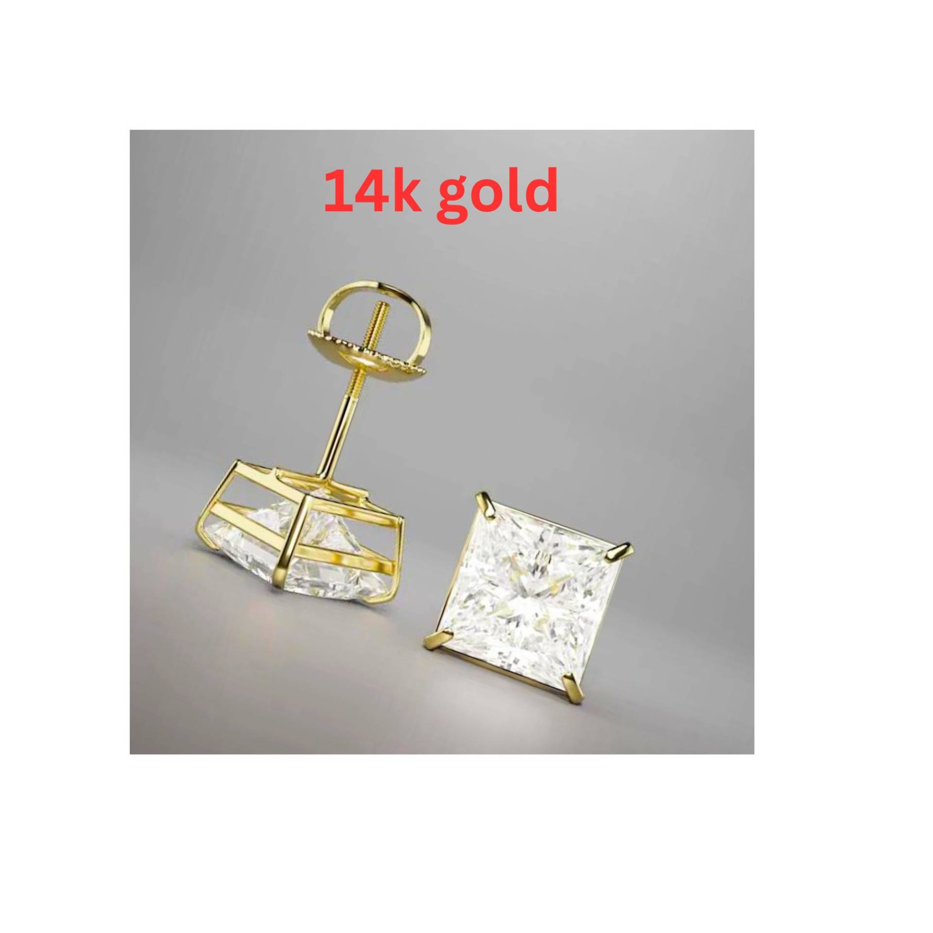 3, 00 Ct Princess Cut Ohrstecker Diamant Echt 14K Solid Gelbgold Quadrat Bolzen Schraube Zurück 7 Mm Simulierte Erstellt von ALADINDiamondsGold