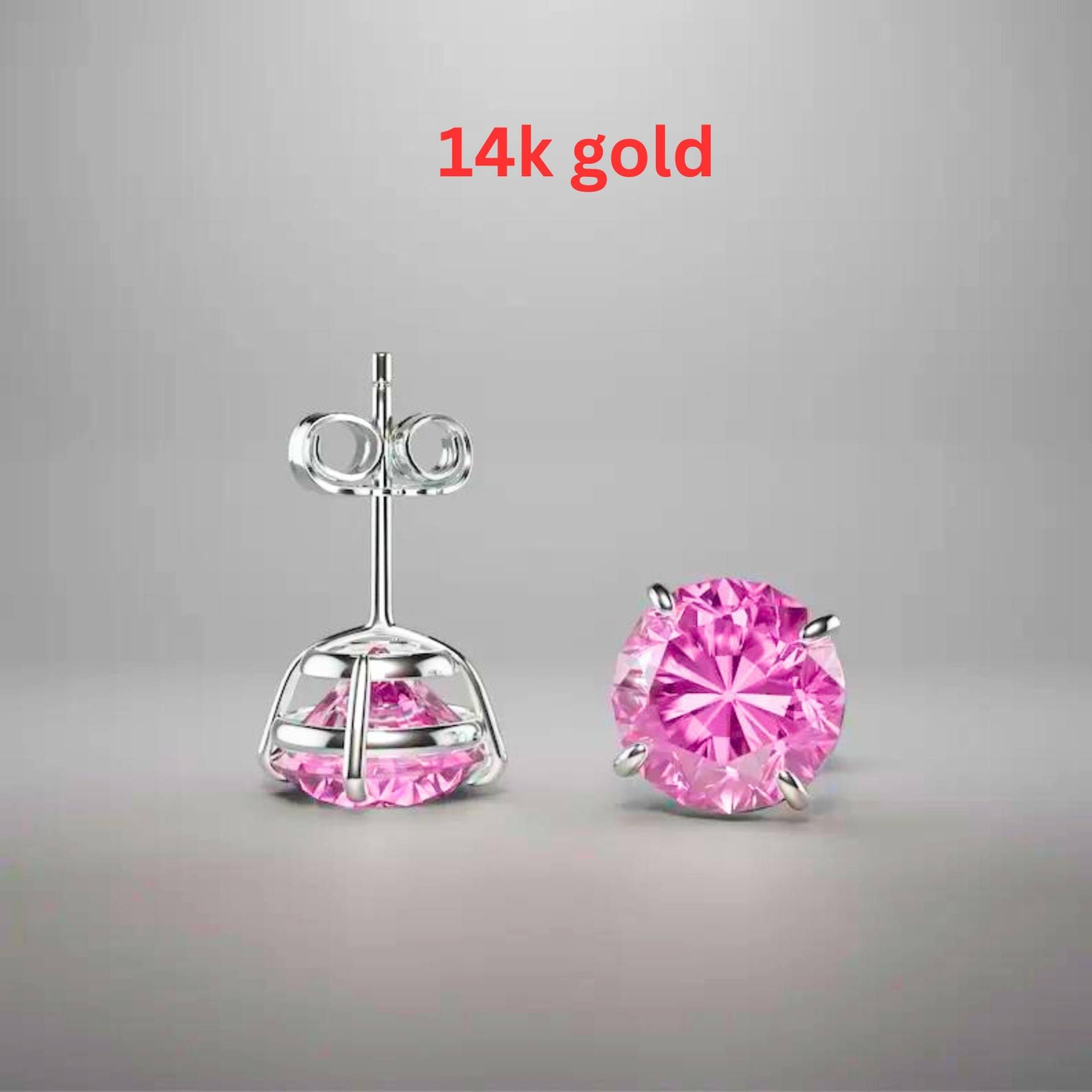 Rosa Ohrstecker Runde Echt 14K Weißgold Push Backs 6 Mm Solitär Ohrringe Erstellt Diamant von ALADINDiamondsGold