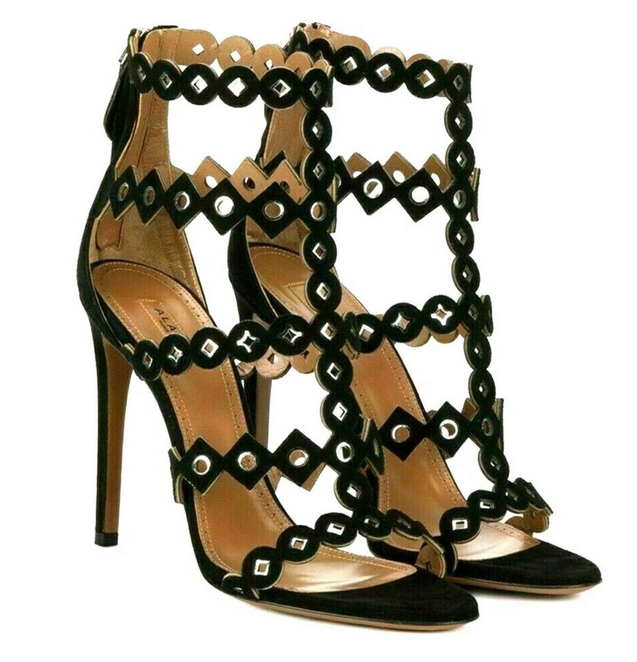 ALAÏA PARIS Circles & Diamonds Samt Laser Cut Metal Sandalen Schuhe 38 High-Heel-Pumps Karton in Lederoptik mit Metallecken und Lederriemenverschluss von ALAÏA PARIS