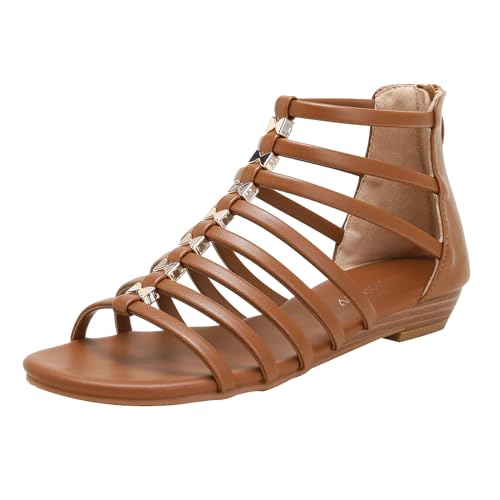 ALAIFU RöMersandalen Damen Bequem Sandals Damen Summer Pantoletten Schlappen Damen Elegant Schicke Sandalen Flach Riemchen Sandalen Damen Braun-36 von ALAIFU