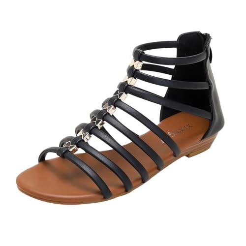 ALAIFU RöMersandalen Damen Bequem Sandals Damen Summer Pantoletten Schlappen Damen Elegant Schicke Sandalen Flach Riemchen Sandalen Damen Schwarz-41 von ALAIFU