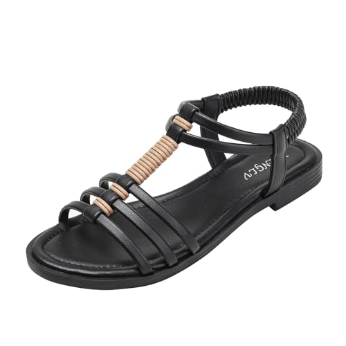 ALAIFU RöMersandalen Damen Bequem Sandals Damen Summer Pantoletten Schlappen Damen Elegant Schicke Sandalen Flach Riemchen Sandalen Schwarz-37 von ALAIFU