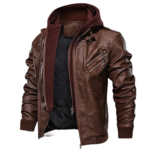 ALAIYO Jacke Herren Langarm Casual Übergangsjacke Einfarbig Jacke Herren Langarm Motorradjacke Gutaussehend Kapuze Jacke Herren Zip Lederimitat Jacke Herren B-Brown XL von ALAIYO