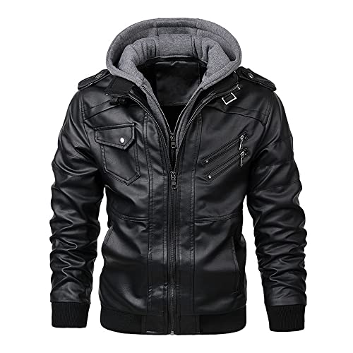 ALAIYO Jacke Herren Langarm Casual Übergangsjacke Einfarbig Jacke Herren Langarm Motorradjacke Gutaussehend Kapuze Jacke Herren Zip Lederimitat Jacke Herren C-Black M von ALAIYO