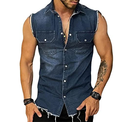 Muskelshirts Herren Slim Fit Revers Jeanshemd Ohne Ärmel Herren Taschendekoration Jeansweste Herren Knopfleiste Cowboy Ärmellos T-Shirt Herren A-Blue L von ALAIYO