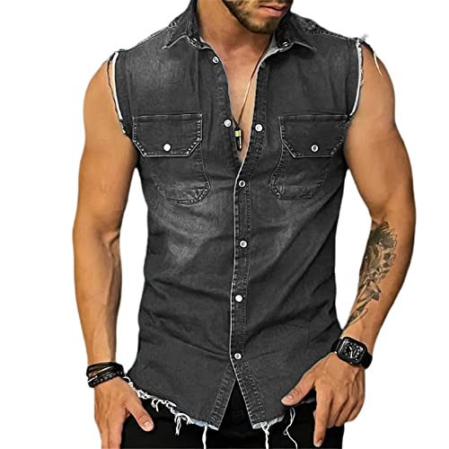 Muskelshirts Herren Slim Fit Revers Jeanshemd Ohne Ärmel Herren Taschendekoration Jeansweste Herren Knopfleiste Cowboy Ärmellos T-Shirt Herren B-Black L von ALAIYO