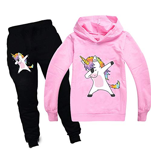 ALAMing Mädchen Regenbogen Einhorn Hoodie Jacke Sweatshirt Kleidung Cartoon Kostüm Hose Gr. 128, rose von ALAMing