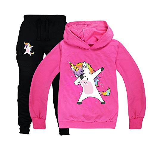 ALAMing Mädchen Regenbogen Einhorn Hoodie Jacke Sweatshirt Kleidung Cartoon Kostüm Hose Gr. 128, rot von ALAMing
