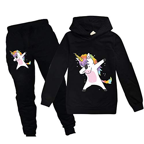 ALAMing Mädchen Regenbogen Einhorn Hoodie Jacke Sweatshirt Kleidung Cartoon Kostüm Hose Gr. 9 - 11 Jahre, Schwarz von ALAMing