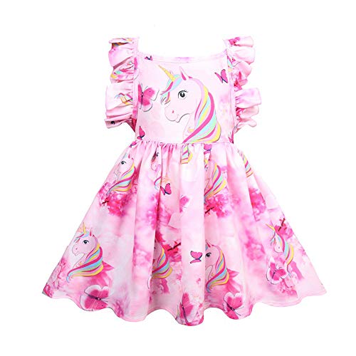 Alaming Mädchen Einhorn Kleid Casual bedruckt Regenbogen Rock Gr. 3-4 Jahre, rot von ALAMing