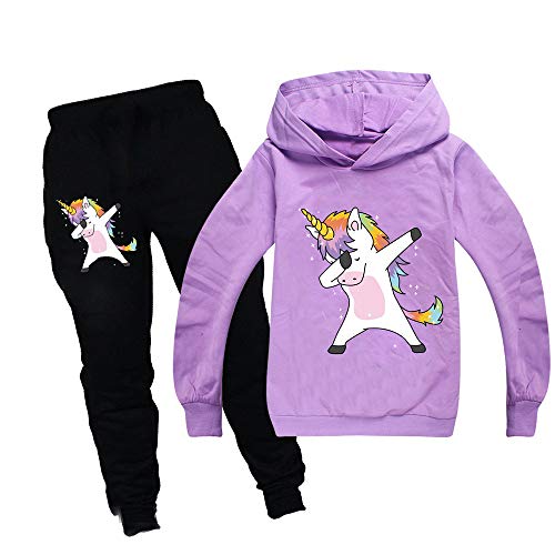 Alaming Mädchen Regenbogen Einhorn Kapuzenjacke Sweatshirt Kleidung Cartoon Kostüm Hose Gr. 7-8 Jahre, violett von ALAMing