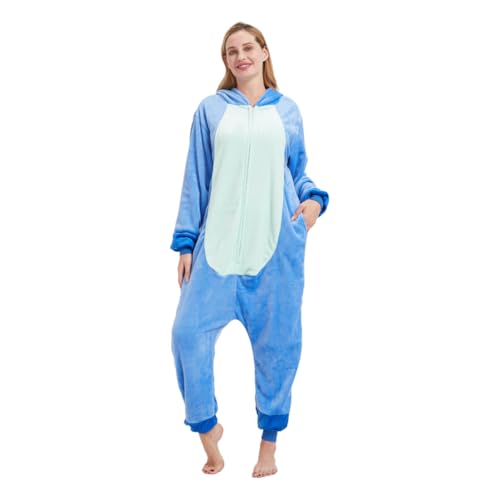 ALANTOP Unisex Erwachsene Einteiler Tier Pyjama Einteiler Tier Halloween Kostüme Cosplay Weihnachten Nachtwäsche Anzug für Damen und Herren, Reißverschluss, Blau, L von ALANTOP