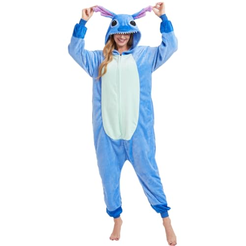 ALANTOP Unisex Erwachsene Einteiler Tier Pyjama Einteiler Tier Halloween Kostüme Cosplay Weihnachten Nachtwäsche Anzug für Damen und Herren, Reißverschluss, Blau, XL von ALANTOP