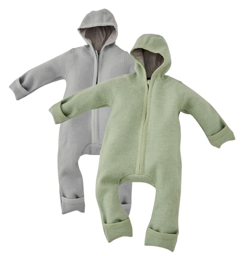 ALAVYA HOME® WALKOVERALL 2er SET, Baby Wollwalk-Overalls aus Natur 100% Bio-Schurwolle Wollfleece mit Reißverschluss, Walk Woll-Anzug für Kleinkind und Baby - Pastel Khaki + Grau 62/68 von ALAVYA HOME