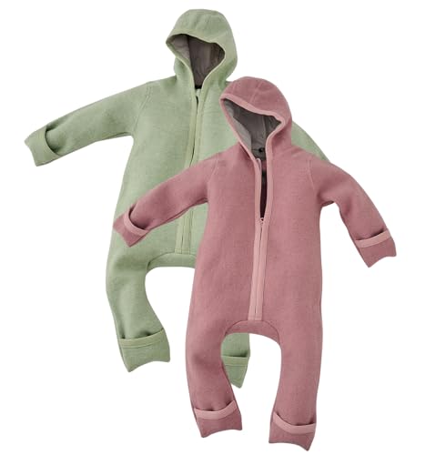 ALAVYA HOME® WALKOVERALL 2er SET, Baby Wollwalk-Overalls aus Natur 100% Bio-Schurwolle Wollfleece mit Reißverschluss, Walk Woll-Anzug für Kleinkind und Baby - Pastel Rosa + Khaki 62/68 von ALAVYA HOME