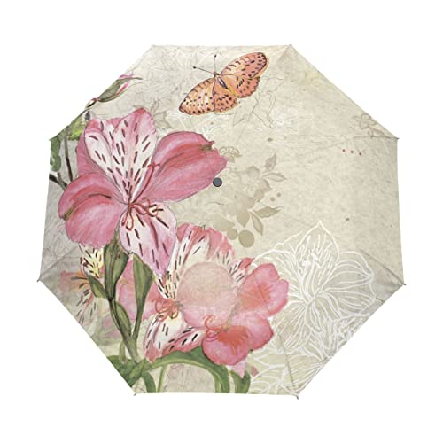 Automatischer faltbarer Regenschirm, Vintage Red Poppies Winddicht Starker UV-Schutz Regenschirm, Tragbare Sonnen- und Regenschirme für Kinder Frauen Männer, Blumen 385, Einheitsgröße von ALAZA