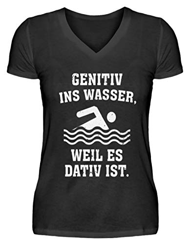 ALBASPIRIT Genitiv Ins Wasser Weil Es Dativ Ist Deutsch Lehrer Schule Grammatik Schüler Tief Geschenk - V-Neck Damenshirt -XL-Schwarz von ALBASPIRIT