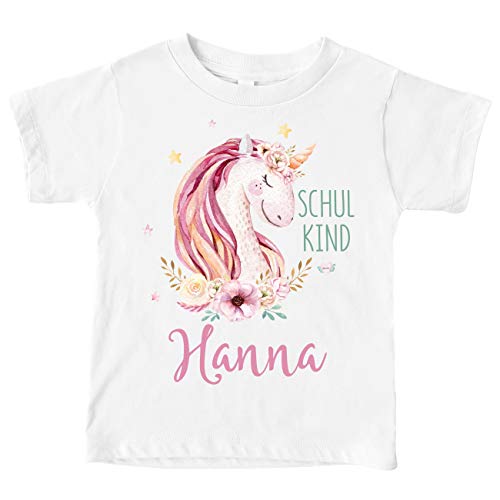 Schulkind 2020 Mädchen T-Shirt Einhorn Personalisiert mit Name - Einhörner Einschulung Mädchen Geschenk zum Schulanfang (7/8 (122/128)) von ALBASPIRIT