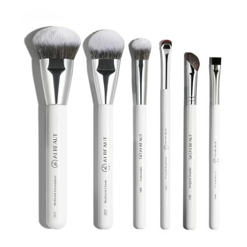 ALBEAUT 6-teiliges Gesichts-Make-up-Pinsel-Set, abgewinkelt, für Foundation, Rouge, Concealer, Eyeliner, Augenbrauen und Kontur, weiß, Nylonborsten, Holzgriff von ALBEAUT