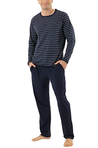 ALBERT KREUZ Herren Schlafanzug Stretch-Baumwolle Rundhals mit Knopfleiste Langarm mit Langen Hosen gestreift Marine M von ALBERT KREUZ