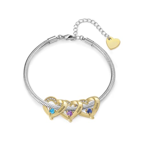 ALBERTBAND Damen Armband mit Namen Personalisiertes Geburtsstein Armband Gold Herz Anhänger Geschenke für Damen Mama Frau Freundinnen (3 Name) von ALBERTBAND