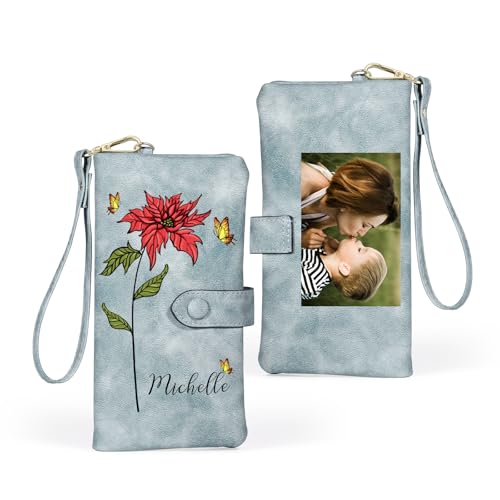 ALBERTBAND Damen Geldbörsen mit Foto Geburtsblume Gravur Personalisierte Leder Brieftasche Langes Portemonnaie für Frauen Geschenke Für Damen Muttertag Weihnachtstag Valentinstag (A-Blau) von ALBERTBAND