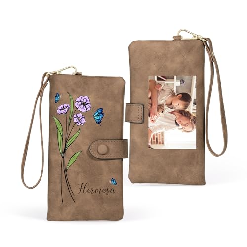 ALBERTBAND Damen Geldbörsen mit Foto Geburtsblume Gravur Personalisierte Leder Brieftasche Langes Portemonnaie für Frauen Geschenke Für Damen Muttertag Weihnachtstag Valentinstag (A-Braun) von ALBERTBAND