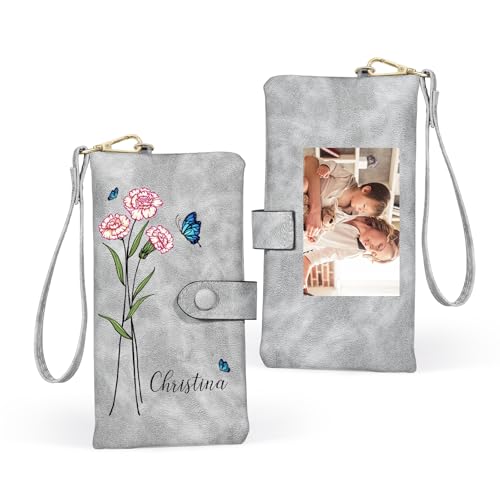 ALBERTBAND Damen Geldbörsen mit Foto Geburtsblume Gravur Personalisierte Leder Brieftasche Langes Portemonnaie für Frauen Geschenke Für Damen Muttertag Weihnachtstag Valentinstag (A-Grau) von ALBERTBAND