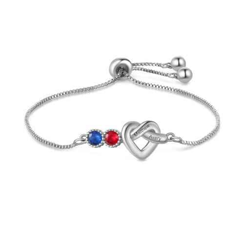 ALBERTBAND Damenarmband mit Gravur Personalisierte Armbänder mit 1-4 Namen Geburtssteinen Silber Herz-Armband Personalisierte Geschenke für FrauenMutter Ehefrau Freundin (2 Geburtssteinen) von ALBERTBAND