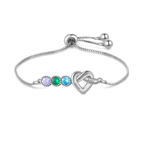 ALBERTBAND Damenarmband mit Gravur Personalisierte Armbänder mit 1-4 Namen Geburtssteinen Silber Herz-Armband Personalisierte Geschenke für FrauenMutter Ehefrau Freundin (3 Geburtssteinen) von ALBERTBAND