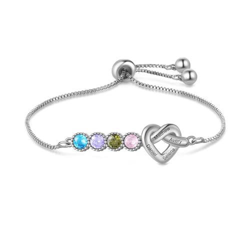 ALBERTBAND Damenarmband mit Gravur Personalisierte Armbänder mit 1-4 Namen Geburtssteinen Silber Herz-Armband Personalisierte Geschenke für FrauenMutter Ehefrau Freundin (4 Geburtssteinen) von ALBERTBAND