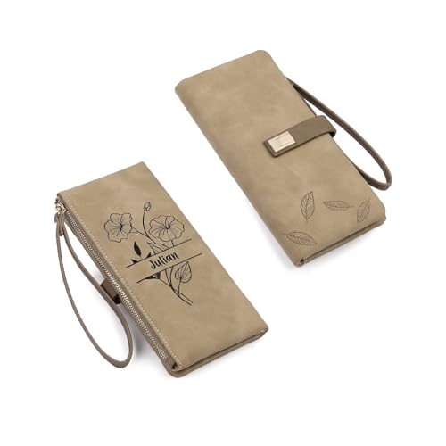 ALBERTBAND Geldbörse Damen mit Foto Text Leder Geldbörse Langes Muttertagsgeschenk Personalisierte Geschenke für Mütter Großmütter Töchter Freunde (Khaki) von ALBERTBAND