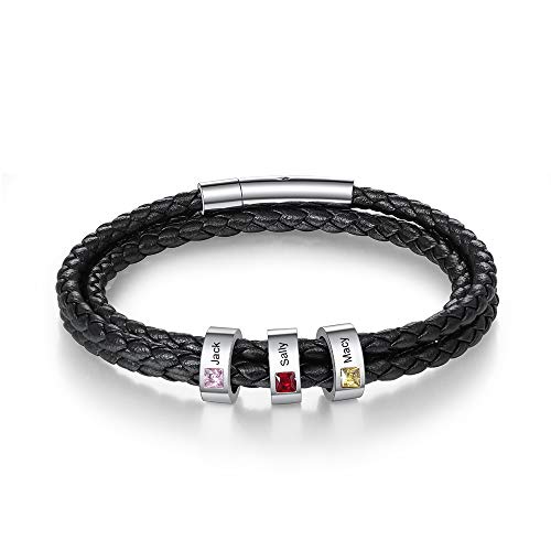 ALBERTBAND Herren Armband Schwarz Personalisierte Geburtssteine Armbänder Silber Leder Armband Damen mit Gravur 1-5 Namen Freundschaft Familie Geschenke Silber Charm Armband (3 names-21cm) von ALBERTBAND