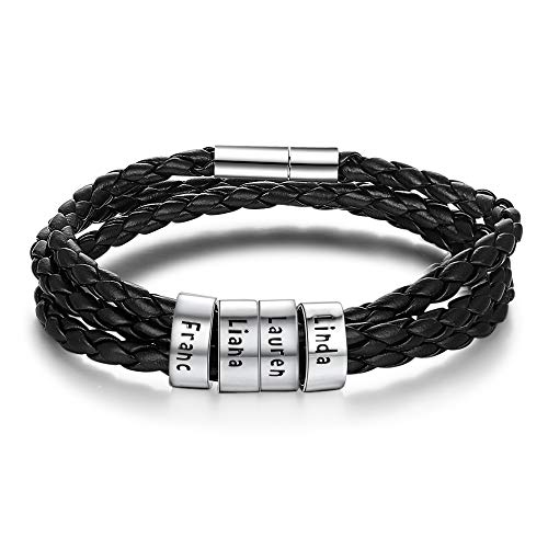 ALBERTBAND Herren Armband Schwarz Personalisierte Geburtssteine Armbänder Silber Leder Armband Damen mit Gravur 1-5 Namen Freundschaft Familie Geschenke Silber Charm Armband (4 names-21.5cm) von ALBERTBAND