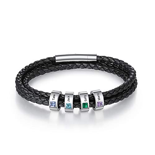 ALBERTBAND Herren Armband Schwarz Personalisierte Geburtssteine Armbänder Silber Leder Armband Damen mit Gravur 1-5 Namen Freundschaft Familie Geschenke Silber Charm Armband (4 names-21cm) von ALBERTBAND