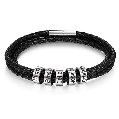 ALBERTBAND Herren Armband Schwarz Personalisierte Geburtssteine Armbänder Silber Leder Armband Damen mit Gravur 1-5 Namen Freundschaft Familie Geschenke Silber Charm Armband (5 names-21.5cm) von ALBERTBAND