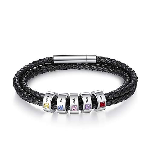 ALBERTBAND Herren Armband Schwarz Personalisierte Geburtssteine Armbänder Silber Leder Armband Damen mit Gravur 1-5 Namen Freundschaft Familie Geschenke Silber Charm Armband (5 names-21cm) von ALBERTBAND
