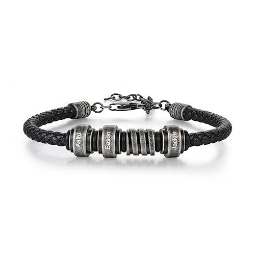 ALBERTBAND Herrenarmband mit 1-4 Namen Personalisiertes Lederarmband Vintage Schwarzes Lederarmband Geschenk für Männer Perfekt für Weihnachten Vatertag Geburtstag von ALBERTBAND