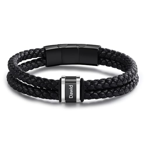 Personalisiertes Leder Armband mit Namen für Herren Edelstahl Schwarz Silber Armband Geschenk für Papa Vatertag Ehemann Valentinstag Opa Weihnachten (1 NAME) von ALBERTBAND