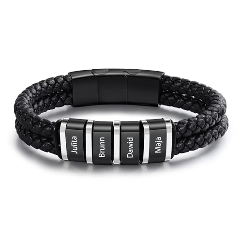 Personalisiertes Leder Armband mit Namen für Herren Edelstahl Schwarz Silber Armband Geschenk für Papa Vatertag Ehemann Valentinstag Opa Weihnachten (4 NAME) von ALBERTBAND
