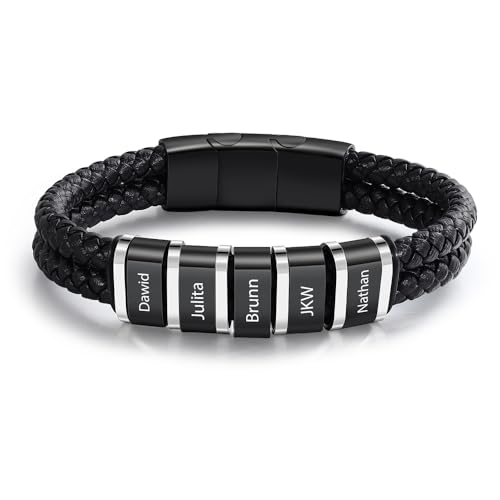 Personalisiertes Leder Armband mit Namen für Herren Edelstahl Schwarz Silber Armband Geschenk für Papa Vatertag Ehemann Valentinstag Opa Weihnachten (5 NAME) von ALBERTBAND