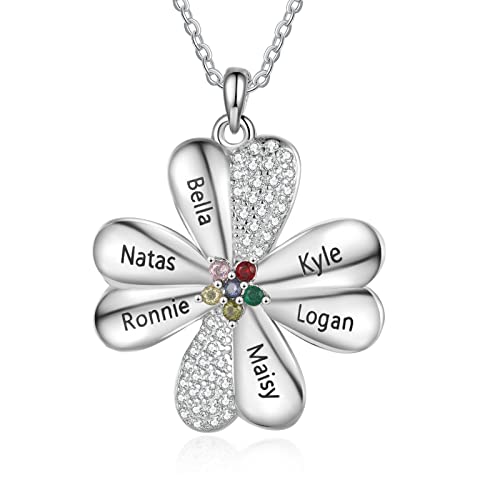 ALBERTBAND Muttertag Schmuck Vierblättrige Kleeblatt Kette Personalisierte Namens und Geburtsstein Halsketten Damen Kette Versilbert Geschenk für Mama, Geburtstag, Valentinstag von ALBERTBAND