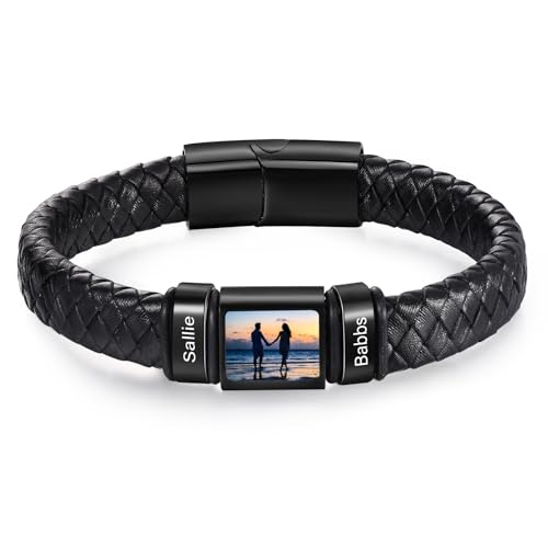 Personalisierte Armbänder für Männer Lederarmband mit Namen Foto Gravur Geschenke für Männer Papa Ehemann Freund Großvater (Schwarz-2 name) von ALBERTBAND