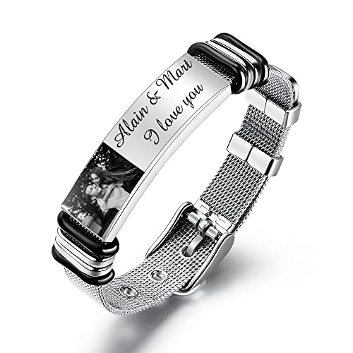 ALBERTBAND Personalisierte Armband mit Foto Gravur Schwarzer Stahl Typenschild ID Tag Mesh Band Verstellbares Armband für Männer Frauen Valentinstag Schmuck Geschenk von ALBERTBAND