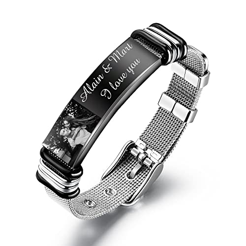 ALBERTBAND Personalisierte Armband mit Foto Gravur Schwarzer Stahl Typenschild ID Tag Mesh Band Verstellbares Armband für Männer Frauen Valentinstag Schmuck Geschenk von ALBERTBAND