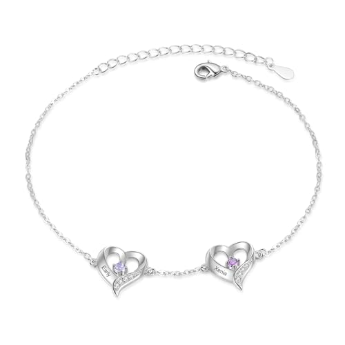 ALBERTBAND Personalisierte Damen Fußkettchen mit Namen Geburtsstein Herz Anhänger Fußkettchen Einstellbare Geschenke für Frauen Mama Töchter Freundinnen (2 NAME) von ALBERTBAND