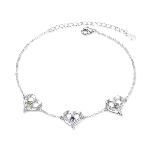 ALBERTBAND Personalisierte Damen Fußkettchen mit Namen Geburtsstein Herz Anhänger Fußkettchen Einstellbare Geschenke für Frauen Mama Töchter Freundinnen (3 NAME) von ALBERTBAND