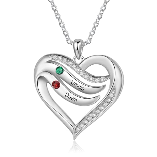 Personalisierte Damen Halskette 925 Sterlingsilber Herz Anhänger mit Name Geburtsstein Geschenk für Muttertag Weihnachten Valentinstag (A-2 stone) von ALBERTBAND